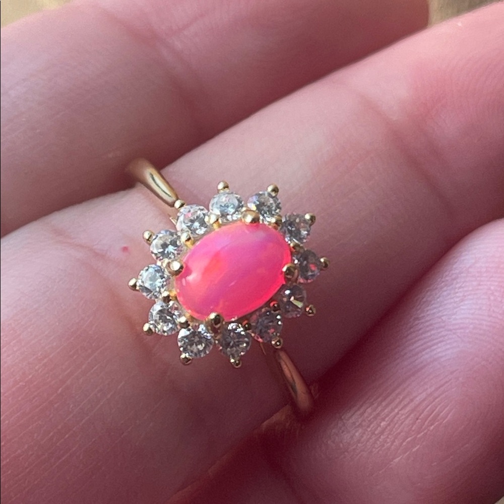 18k Gold Plated Over 925 Silver Natural Pink Opal Ring with CZ Accents Size 6